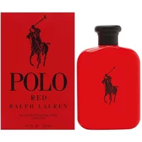 Red Ralph Lauren Polo Red Eau De Toilette bottle with black cap and matching red box featuring black logo.