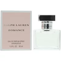 Ralph Lauren Romance Eau De Parfum 30ml, clear square bottle with black cap, pink box with silver text.