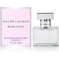 Clear glass bottle with silver cap, labeled "Ralph Lauren Romance," next to pink box, 50ml Eau De Parfum.
