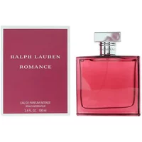 Ralph Lauren Romance Eau De Parfum Intense 100ml, pink glass bottle with silver cap, next to matching pink box.