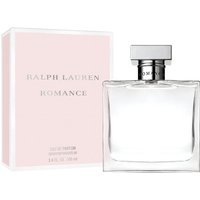 Clear glass bottle of Ralph Lauren Romance Eau De Parfum 100ml with a silver cap, next to a pink box.
