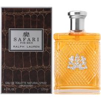Amber Ralph Lauren Safari Men Eau De Toilette bottle with silver cap and textured design, 125 ml box beside it.
