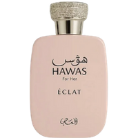 Pink rectangular perfume bottle with silver textured cap, labeled "Hawas Eclat For Her" by Rasasi, 100ml.