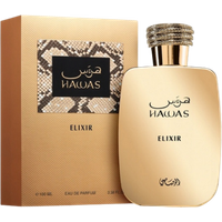 Gold Rasasi Hawas Elixir Eau de Parfum bottle with textured cap, next to a snake-patterned box.