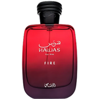 Rasasi Hawas Fire Eau de Parfum, 100ml, red gradient glass bottle with black cap and Arabic script.
