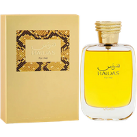 Rasasi Hawas For Her Eau De Parfum, 100 ml, in a clear bottle with gold cap, next to a beige box with snake pattern.