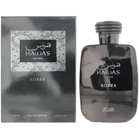 Rasasi Hawas Kobra Eau De Parfum 100ml, sleek dark bottle with textured cap, next to matching silver box.