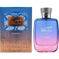 Blue and pink Rasasi Hawas London Eau de Parfum 100ml bottle with silver cap, next to a blue and brown box.