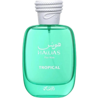 Green Rasasi Hawas Tropical Eau de Parfum bottle, 100ml, with white cap and Arabic script.