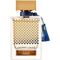 Rasasi Qasamat Rasana EDP 65 ml, clear bottle with gold lattice design, gold cap, and blue tassel.