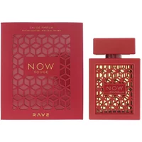 Rave Now Rouge Eau De Parfum 100ml in a red geometric bottle with matching box featuring gold accents and lattice design.