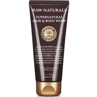 Brown tube of Raw Naturals 3 in 1 Hair & Body Wash, gold cap, white text, and circular logo.