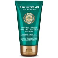 Teal tube of Raw Naturals Crushed Apricot Face & Beard Scrub, 75ml, with gold cap and detailed label design.