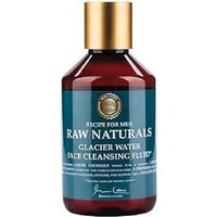 Dark amber bottle with gold cap, labeled "Raw Naturals Glacier Water Face Cleansing Fluid 250ml" in white text.