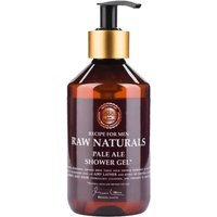 Brown bottle of Raw Naturals Pale Ale Shower Gel 300ml with black pump and gold collar.