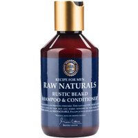 Brown bottle of Raw Naturals Rustic Beard Shampoo & Conditioner with gold cap and blue label.