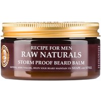 Brown jar of Raw Naturals Storm Proof Beard Balm, gold lid, white text label detailing benefits for beard shape and style.