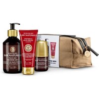 Raw Naturals grooming kit with pump bottle, red tube, small jar, and beige zippered toiletry bag.