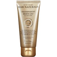 Gold tube of Raw Naturals Transparent Shaving Gel 75ml with black text and logo on front.