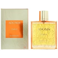 Rayhaan Adonis Icarus Eau De Parfum 100ml, gold cap, clear square bottle, orange and gold box.