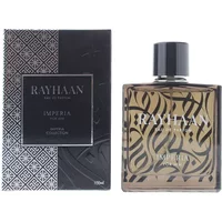 Rayhaan Imperia Eau De Parfum 100ml in a patterned glass bottle with black cap, next to a black and silver box.