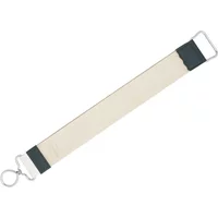 Leather razor strop with metal rings, beige center and black ends, by Herold.