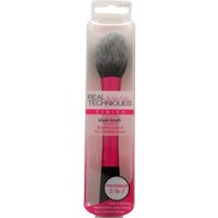 Pink-handled Real Techniques blush brush with fluffy gray bristles in clear packaging.