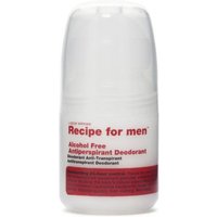 Recipe for Men Alcohol Free Antiperspirant Deodorant, 60ml white roll-on bottle with red label and text.