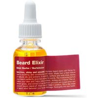Beard Elixir by Recipe for Men, 25ml bottle with dropper, amber liquid, red label with white text.