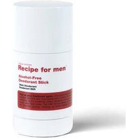 White cylindrical deodorant stick with red text, "Recipe for Men," and alcohol-free label.