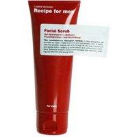 Red "Recipe for Men Facial Scrub 125ml" tube with white label and bold red text.