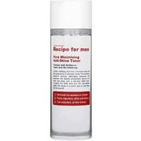 White cylindrical bottle of Recipe for Men Mattifying Poreless Fluid with red text and silver cap, 100ml.