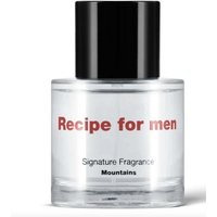 Clear glass bottle with black cap, red "Recipe for Men" text, labeled "Signature Fragrance Mountains Eau De Toilette 50ml".