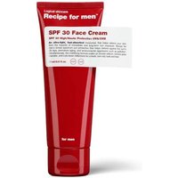 Red tube of Recipe for Men SPF 30 Facial Moisturiser, white label with red text, 75ml size.