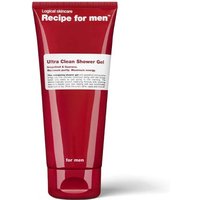 Red "Recipe for Men Ultra Clean Shower Gel 200ml" tube with white label and bold red text.
