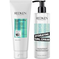 Redken Acidic Bonding Curls Leave-In Treatment in white tube and Hydrating Curl Cream in pump bottle.