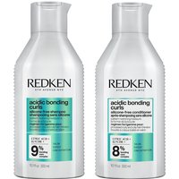 Redken Acidic Bonding Curls Shampoo and Conditioner Duo, white bottles with teal labels, 300ml each.