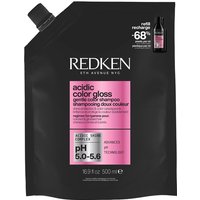 Black Redken Acidic Color Gloss Shampoo refill pouch, 500ml, with pink label and angled black cap.