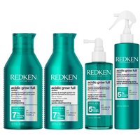Teal Redken Acidic Grow Full System set with shampoo, conditioner, serum, and spray, featuring white labels.