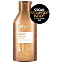 Gold bottle of Redken All Soft Conditioner 500ml with black cap and label highlighting 66% more inside.