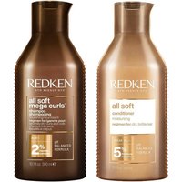 Redken All Soft Mega Curl Shampoo and Conditioner in bronze bottles with textured sides, 300ml each.