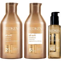 Redken All Soft Shampoo, Conditioner in gold bottles, Argan Oil-6 in clear bottle with black pump, 100ml each.