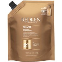 Redken All Soft Shampoo Refill Pouch 500ml, bronze pouch with black cap and white text detailing benefits.