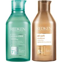 Green Redken Amino Mint Shampoo 300ml bottle and bronze All Soft Conditioner 300ml bottle duo.
