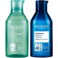 Green Redken Amino Mint Shampoo 300ml and blue Extreme Conditioner 300ml bottles with white text.