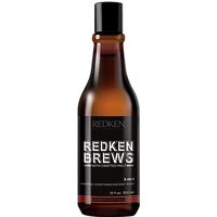 Brown bottle of Redken Brews 3-in-1 Shampoo, Conditioner & Body Wash with black cap and bold white text.