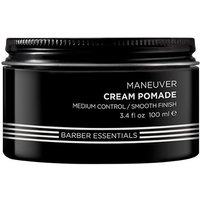Black Redken Brews Maneuver Cream Pomade jar, 100ml, with white text and striped design on the label.