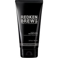 Black tube of Redken Brews Work Hard Moulding Paste, 150ml, with white text and flip-top cap.
