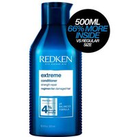 Blue Redken Extreme Conditioner bottle, 500ml, with white label and black cap, promoting strength repair.