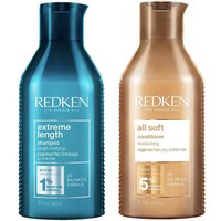 Redken Extreme Length blue shampoo and All Soft gold conditioner bottles, 300ml each, with textured sides.